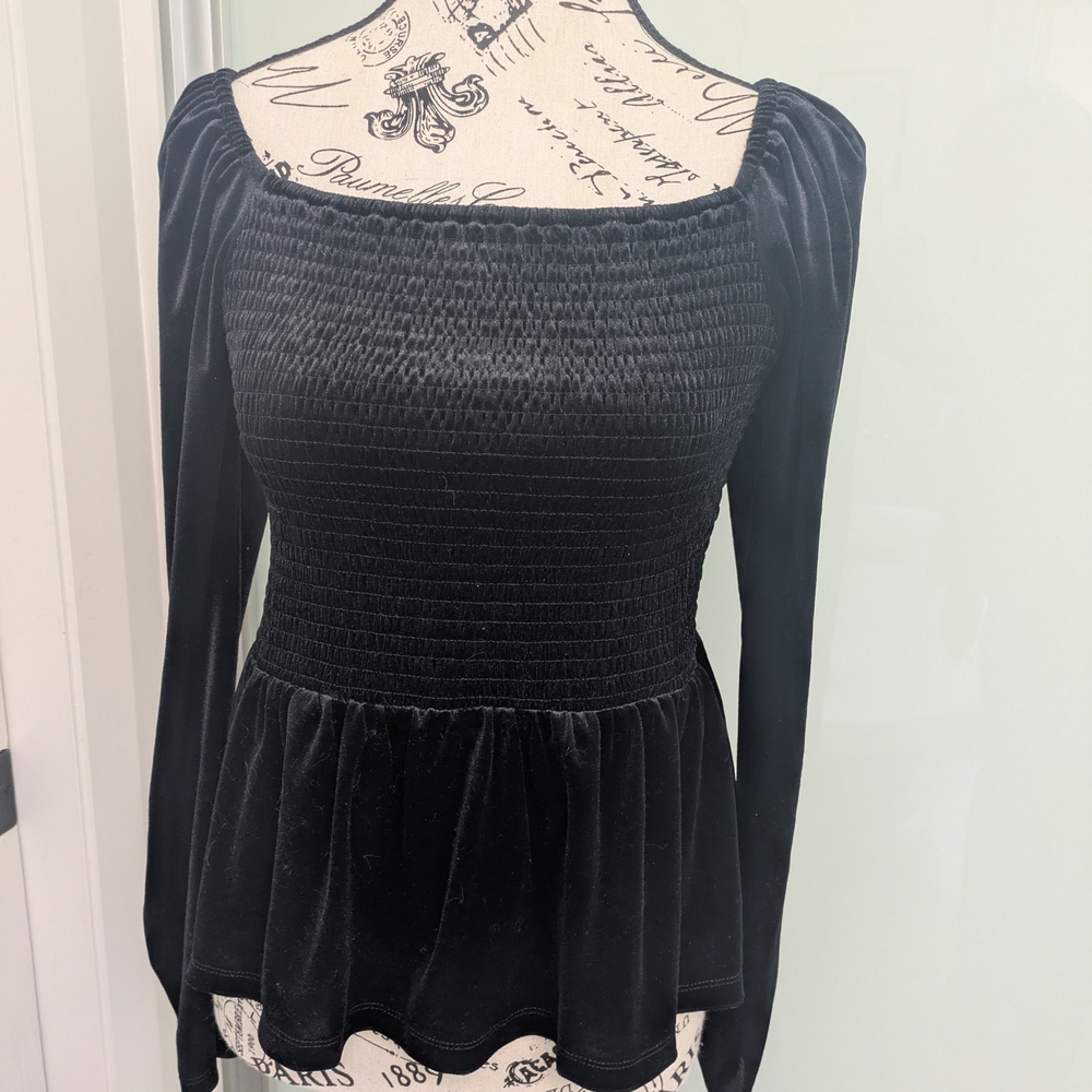 GAP Black Smocked Velvet Top